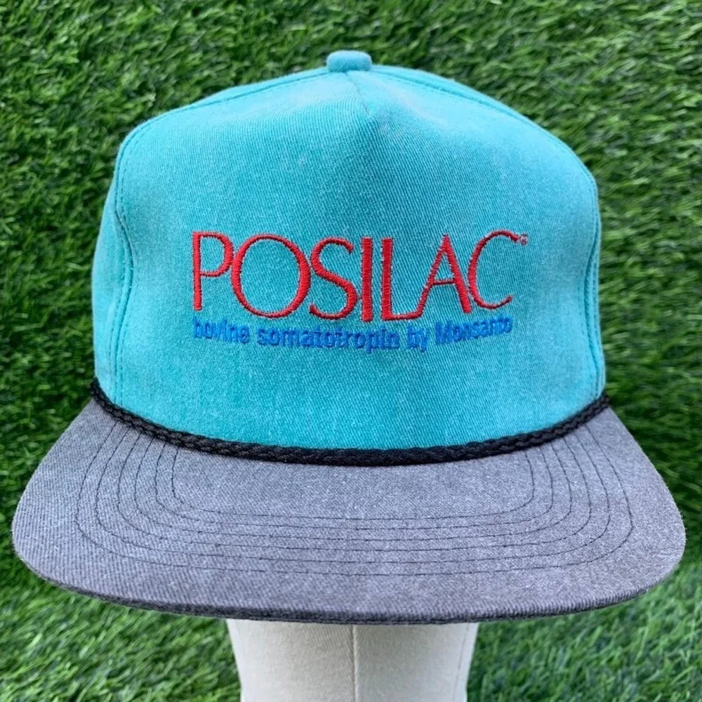Vintage Posilac Bovine Monsanto Hat Teal Made in USA K-Product Brand Buckle Back
